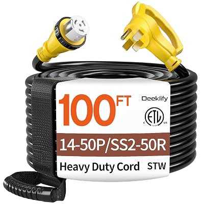 100FT 40 Amp Generator Cord, NEMA 14-50P/SS2-50R Heavy-Duty 4 Conductors Cable, Pure Copper STW RV Extension Cord, Female Plug with Twist Lock, Suitable for RV or Camper, ETL Listed