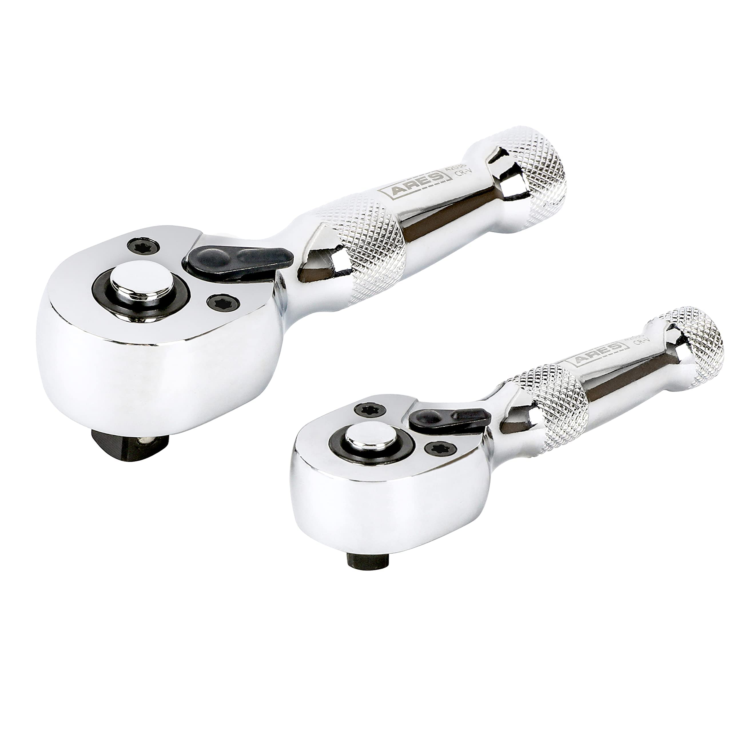 ARES 42037-2-Piece 72-Tooth Stubby Ratchet Set - 1/4-Inch & 3/8-Inch Drive - Premium Chrome Vanadium Steel Construction & Mirror Polish Finish - Quick Release Reversible Head Design