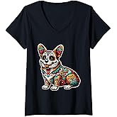 Sugar Skull Mexican Corgi Bone Halloween Day Of Dead V-Neck T-Shirt