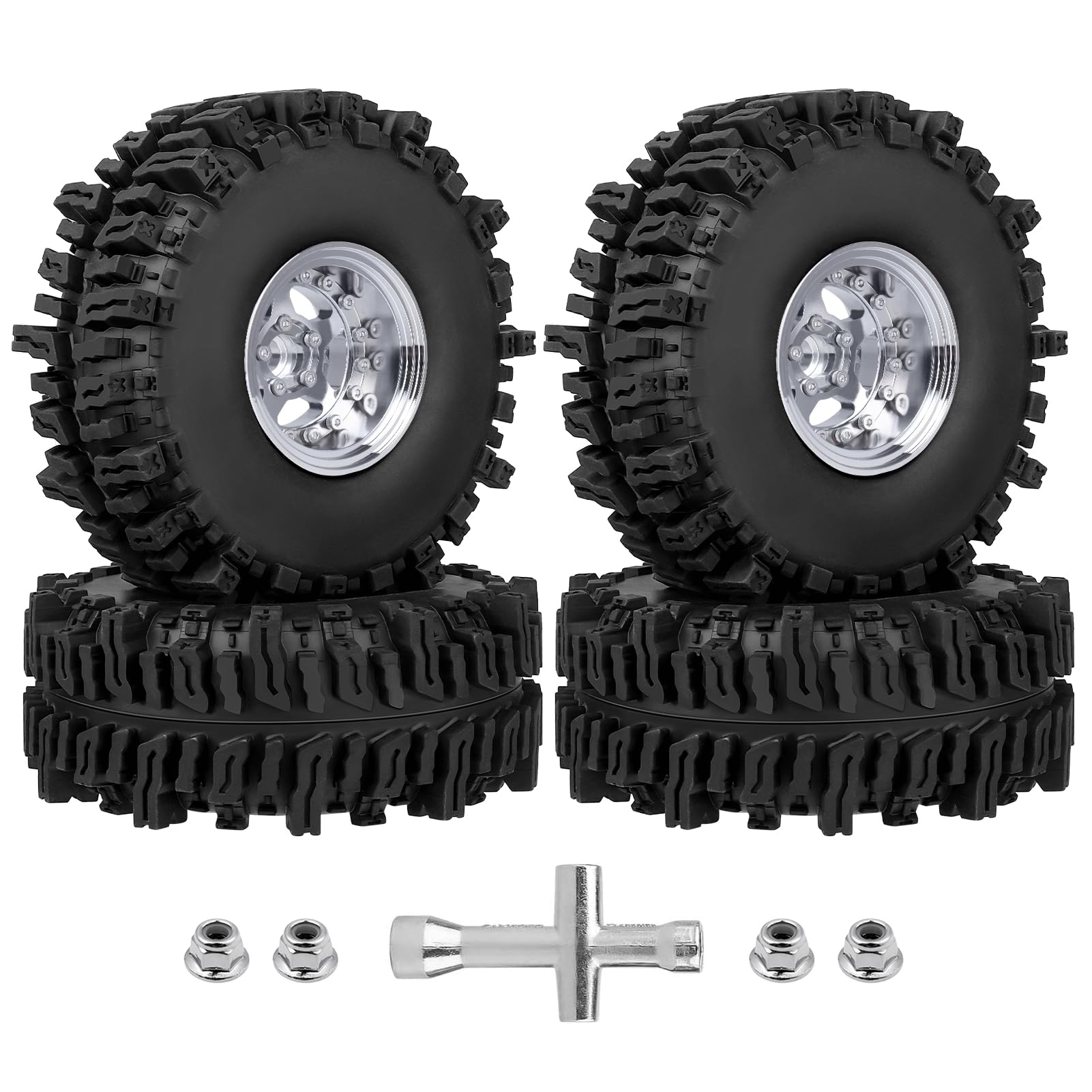 Photo 1 of HobbyPark Negative Offset -10mm Deep Dish Aluminum Chrome 1.9 Beadlock Wheels and 1.9 Mud Slingers Tires for 1/10 RC Crawler Axial SCX10 TRX4 VS4-10 Gen8 RC4WD, Set of 4