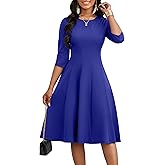 CLOCOR Casual Midi Dresses for Women A-Line Fit and Flare Elegant Church 3/4 Sleeve Crew Neck Dress with Pocket