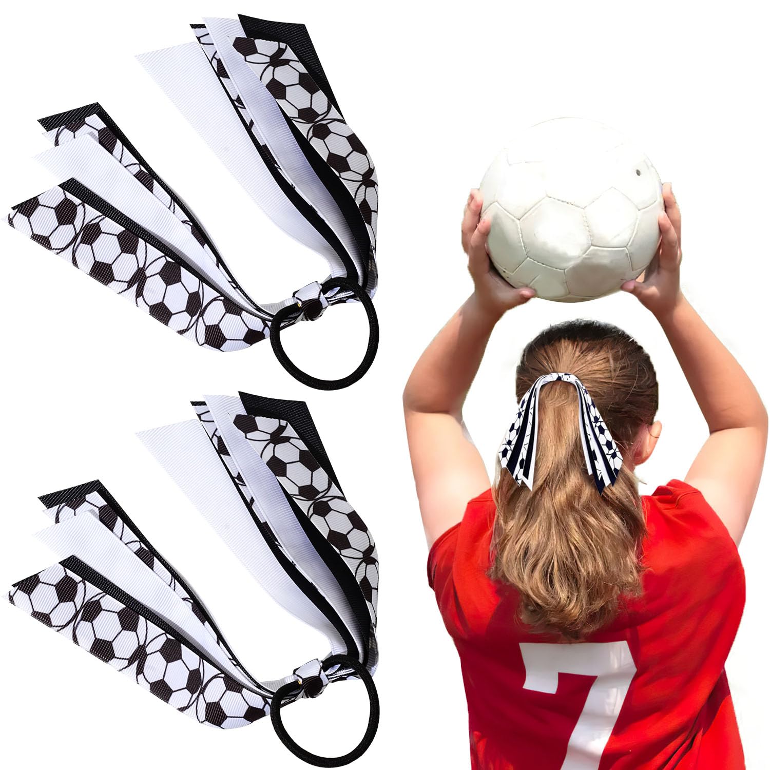 Photo 1 of 2 Pieces Cheer Soccer Hair Accessories for Girls, Soccer Elastic Hair Ties Ponytail Holders Ribbon Soccer Hair Accessories for Girls Women Soccer Party Team Members