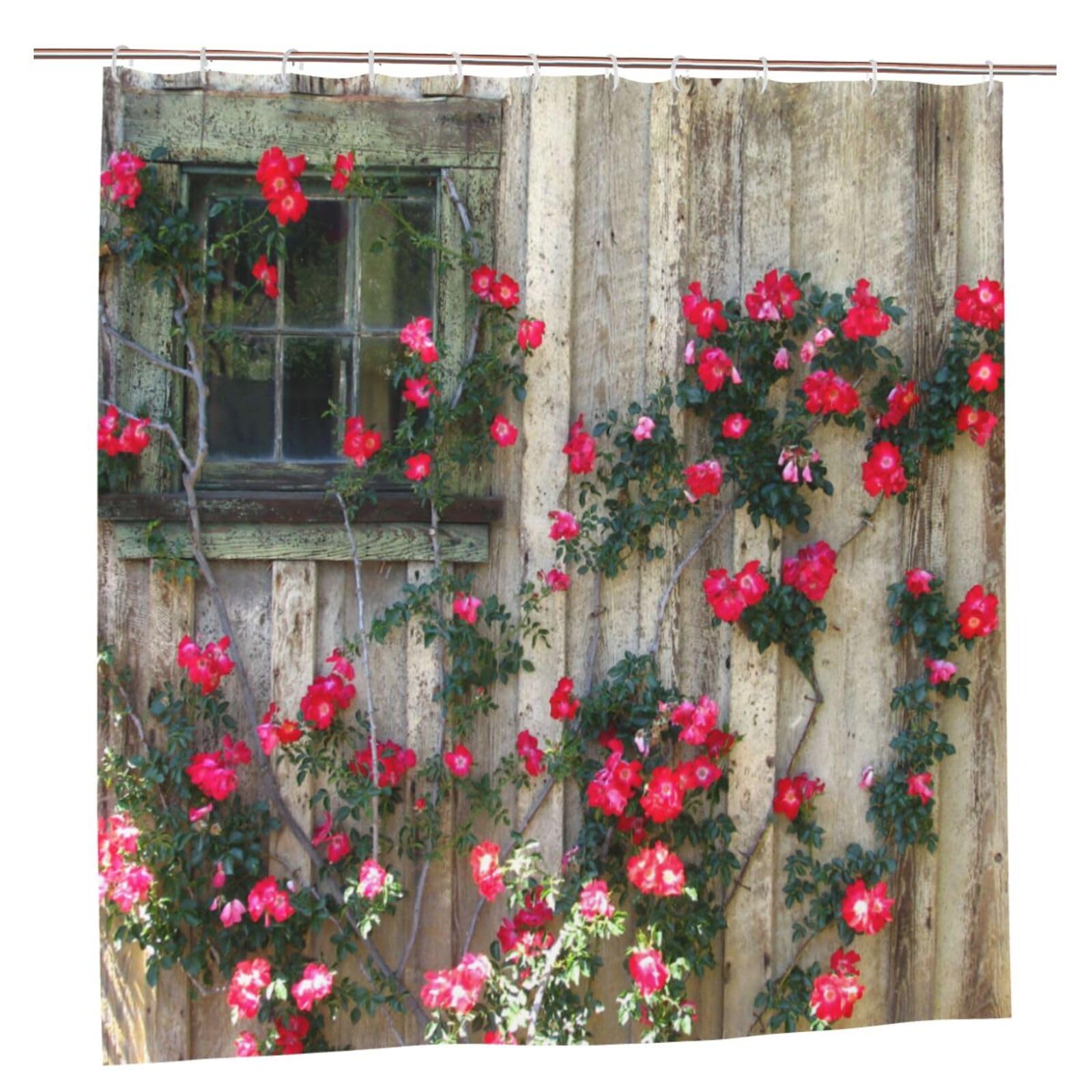 Newhomestyle 3D Garden View Shower Curtain, Outdoor Pink Flowers Wooden Scene Garden Decoration, Waterproof Quick-Drying Polyester Bath Curtain with 12 Hooks, 180X180cm/ 71X71 in — image 1
