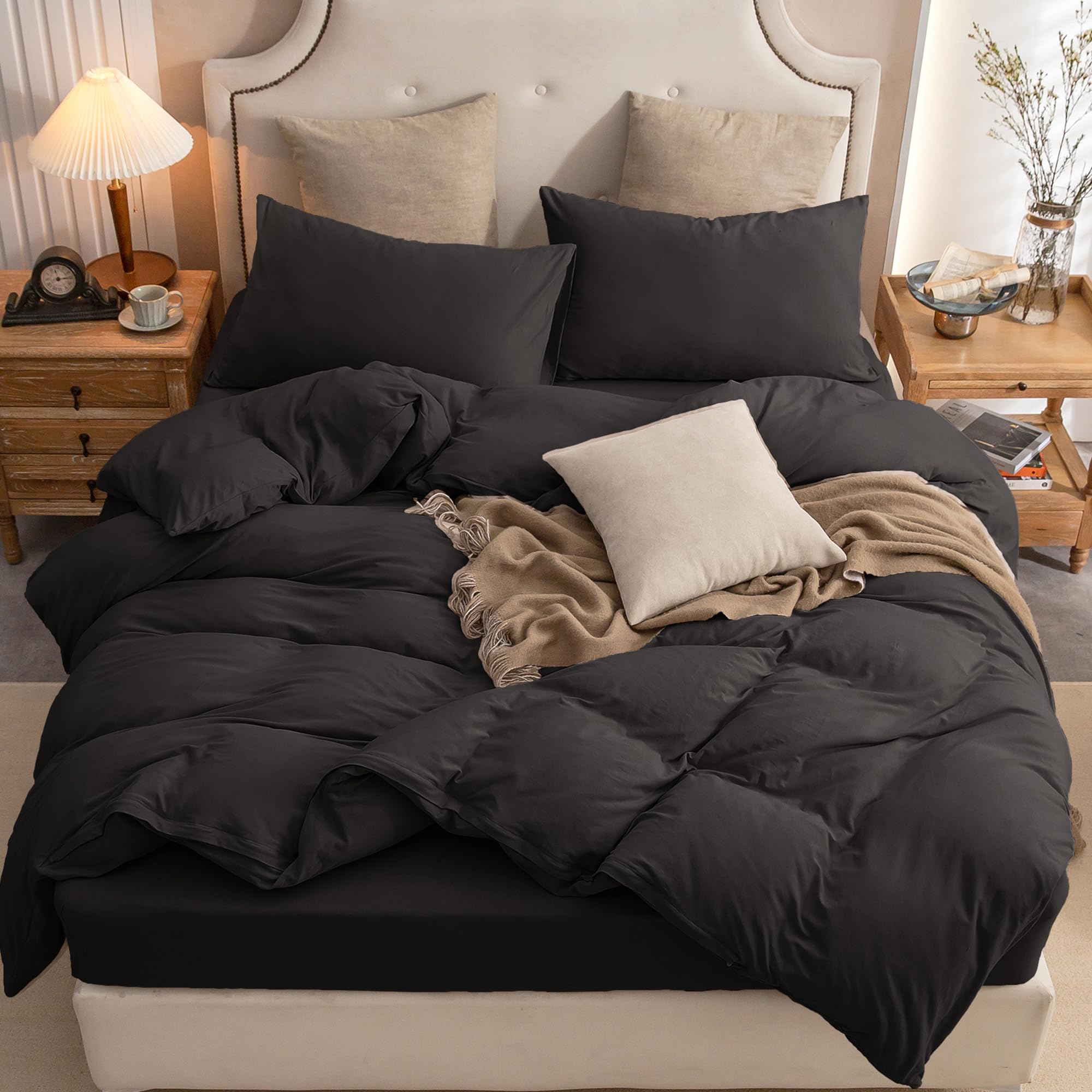 Photo 1 of PURE ERA Jersey Knit Duvet Cover Set 100% T-Shirt Cotton Super Soft Comfy 3pc Bedding Set with Zipper Closure (Solid Black, King)