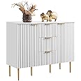 SICOTAS Buffet Sideboard Fluted Storage Cabinet with Doors and Shelves, White Fluted Buffet Sideboard with 3 Drawers, Accent Cabinet Coffee Bar Kitchen Credenza for Living Room (1 Piece)