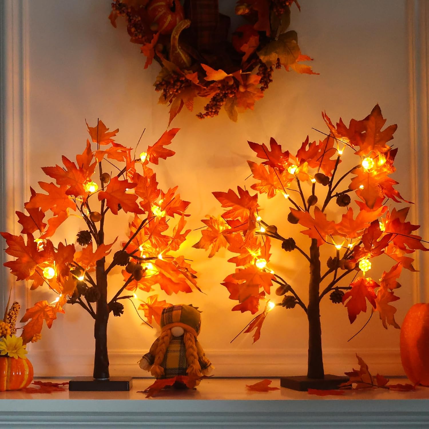 Trees - YEAHOME Fall Decorations for Home, 2 Pack 24”/2FT Lighted Fall Maple Leaves Tree with Warm White LEDs Autumn Decor, Pumpkin Lampshade, Pine Cone, Acorn Ornaments Battery Powered Timer for Thanksgiving