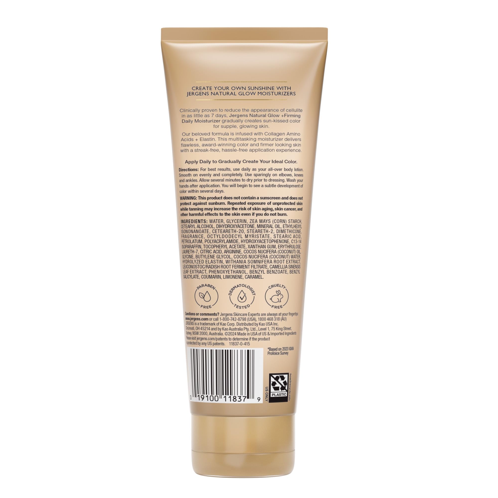 Jergens Natural Glow +Firming Self Tanner Body Lotion, Fair to Medium Skin Tone, Sunless Tanning Moisturizer with Collagen and Elastin. Helps to Visibly Reduce Cellulite, 7.5 Fl Oz