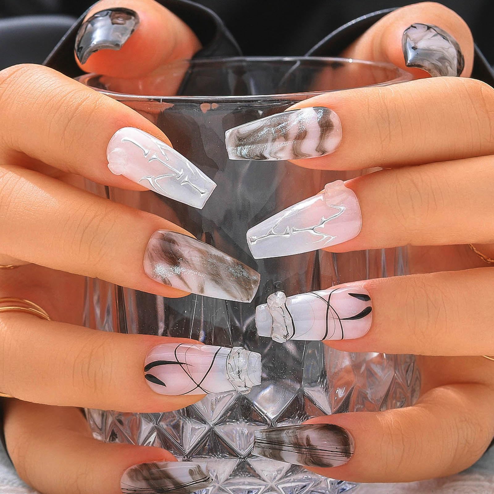 Sethexy Long Coffin Handmade False Nails - Black, Ink Painting, 3D Design, Floral Press on Nails Women Salon Stick on Nails 10PCS