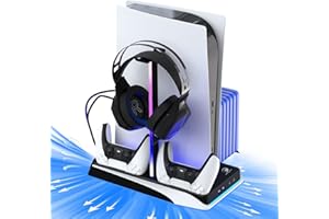 HONCAM PS5 Stand with Cooling Station, PS5 Dual Controller Charging Station with RGB Light for PlayStation 5 Console Disc & Digital, PS5 Accessories Incl. Cooling Fan, Headset Holder,12 Game Slots