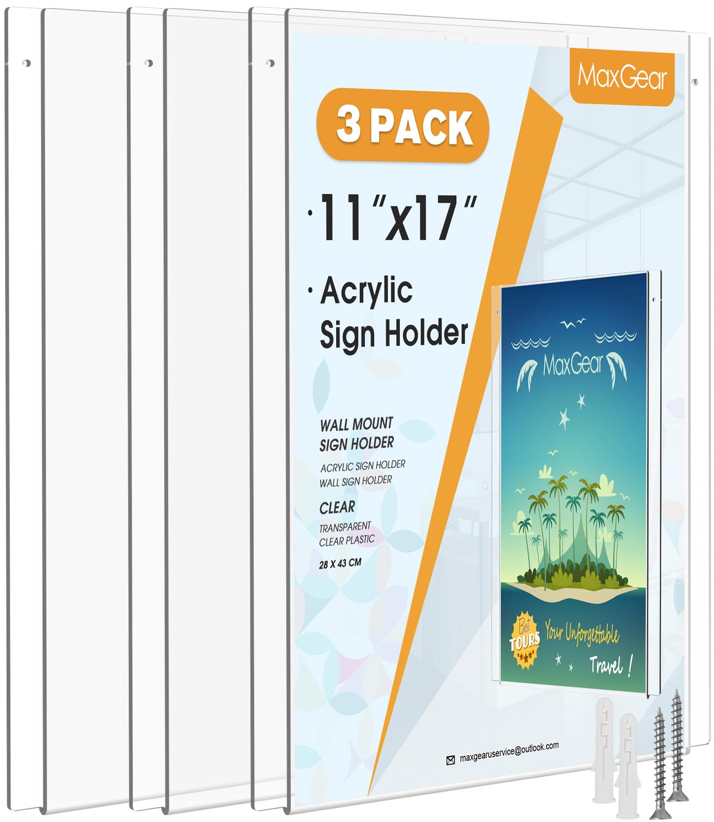 Photo 1 of MaxGear Acrylic Wall Mount Sign Holder 11x17, Clear Plastic Door Sign Holder with Mounting Screws and Double Sided Tape, Paper Poster Picture Frames for Office, Home, Store, Restaurant, 3 Pack