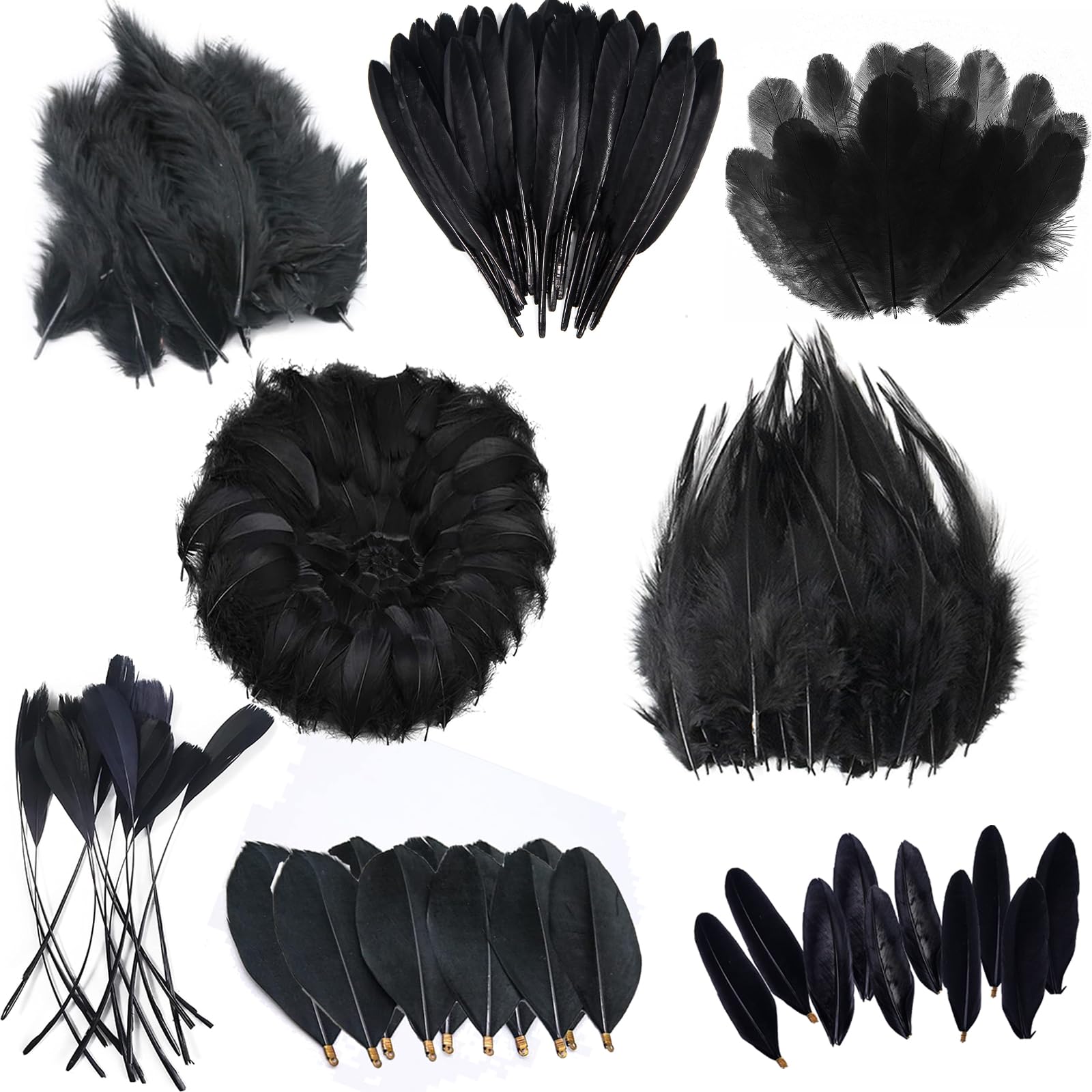 300PCS Black Feathers, 7 Styles Assorted Crafts Feathers, Feather, Feathers for DIY Dream Catchers, Halloween Costume, Handmade Earring, Wedding Party, Easter Home Activities Decoration