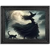 Black Framed Wall Art Halloween Gothic Witch Canvas Print Moonlit Witch with Black Cat Decor Picture Dark Academia Moody Halloween Artwork for Living Room Bedroom 9x11 inch