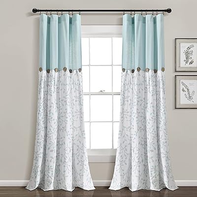 Lush Decor Linen Button Botanischer Garten-Fenstervorhang (Einzelteil), 213,4 cm L x 101,6 cm B, Blau und Grau