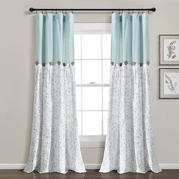 Lush Decor Linen Button Botanischer Garten-Fenstervorhang (Einzelteil), 213,4 cm L x 101,6 cm B, Blau und Grau