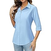 siliteelon Button Down Shirts for Women: Slim Fit Stain Shield 3/4 Sleeve Dress Shirt Formal Work Button Up Blouses
