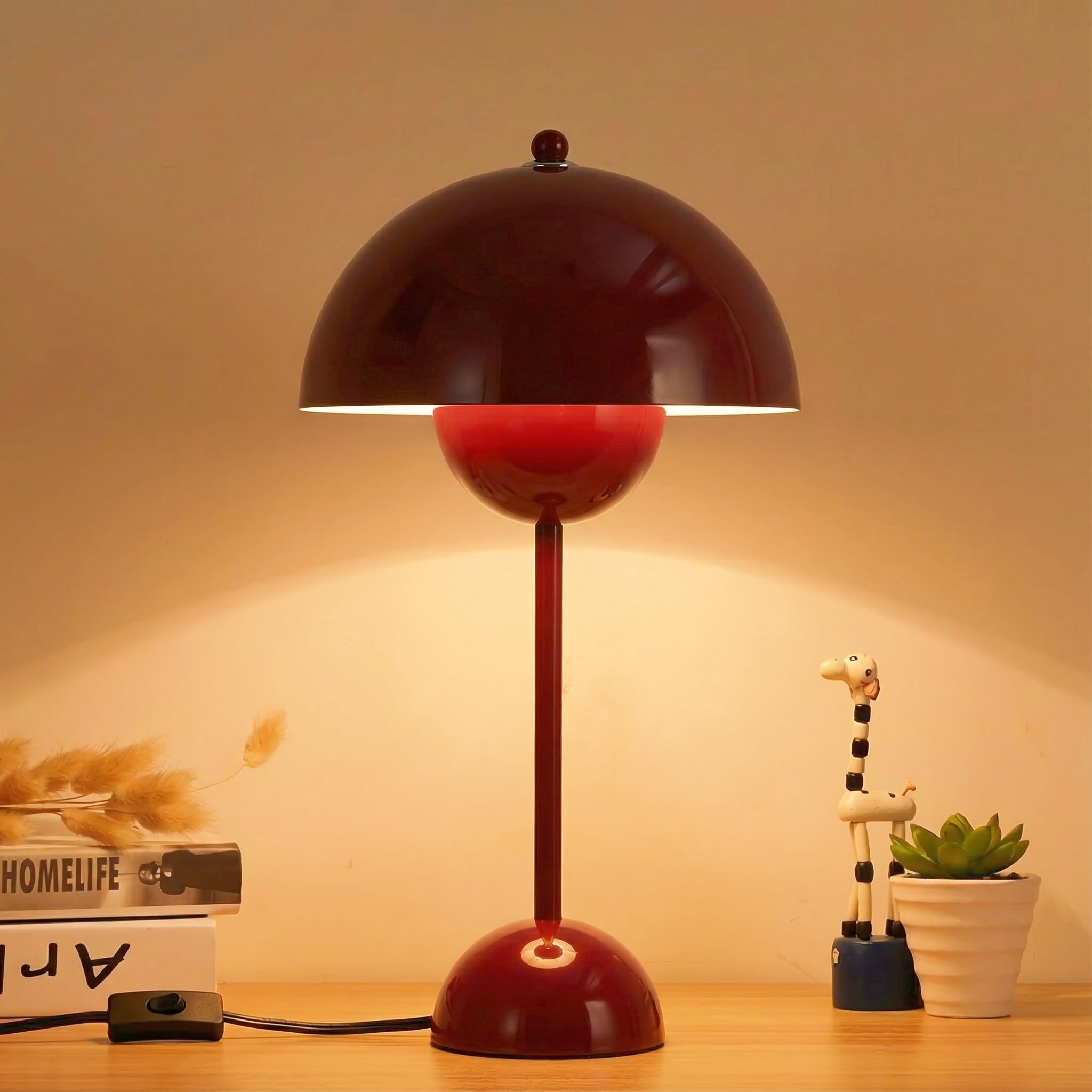 Photo 1 of COSYLUX Modern Small Table Lamp for Bedroom, Cute Dome Shade Reflecting Light Reading Lamp for Living Room, Kid's Room, Study, Office, Beside Bedside Nightstand Desk Lamp(Dark Red/Burgundy)