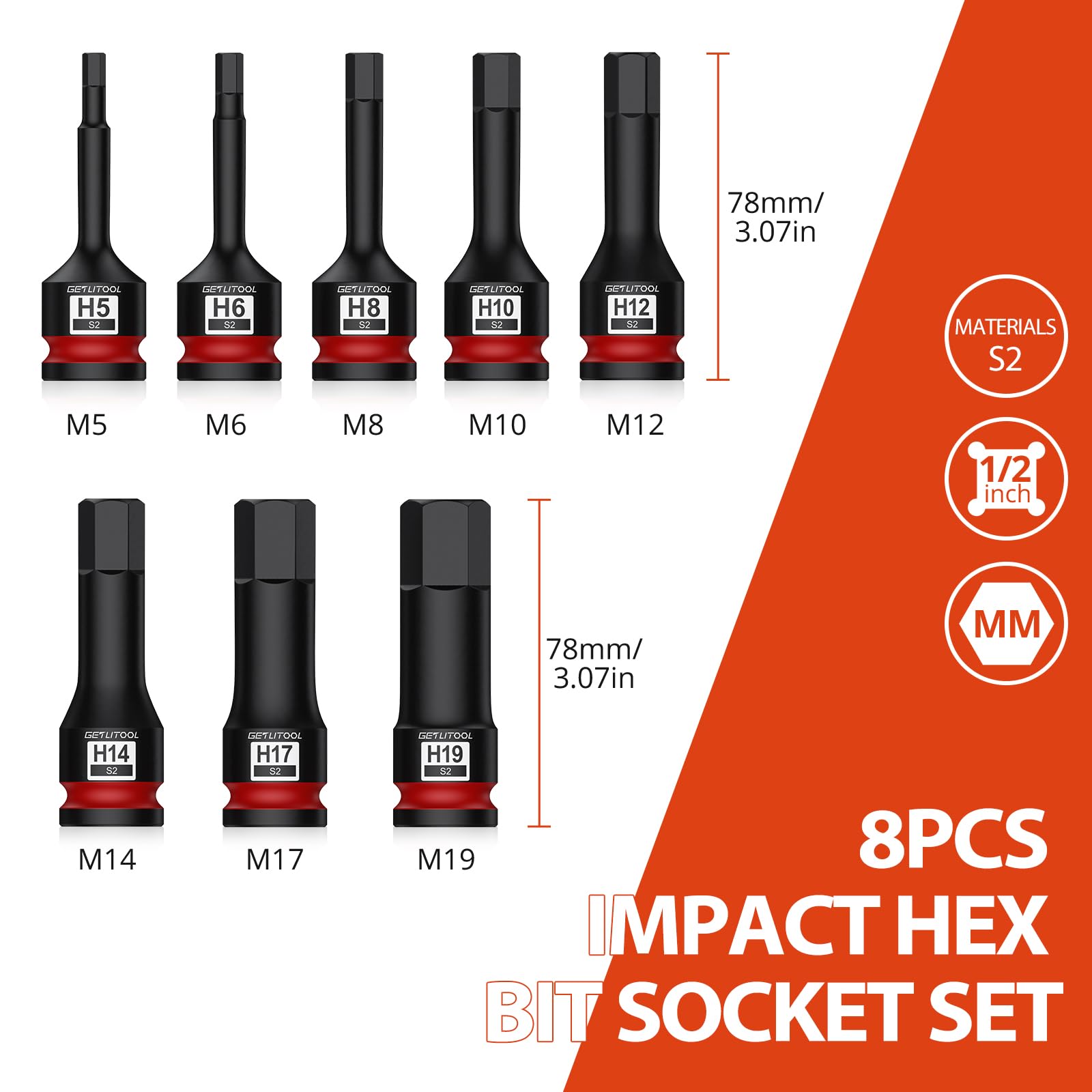 GETLITOOL 1/2" Kraft Innensechskant Schlagschrauber Nüsse Satz, 8tlg S2-Stahl Sechskant Bit Stecknuss Set HX 5mm - 19mm, Länge 78 mm Innensechskant Steckschlüssel Set für Innensechskantschrauben 2