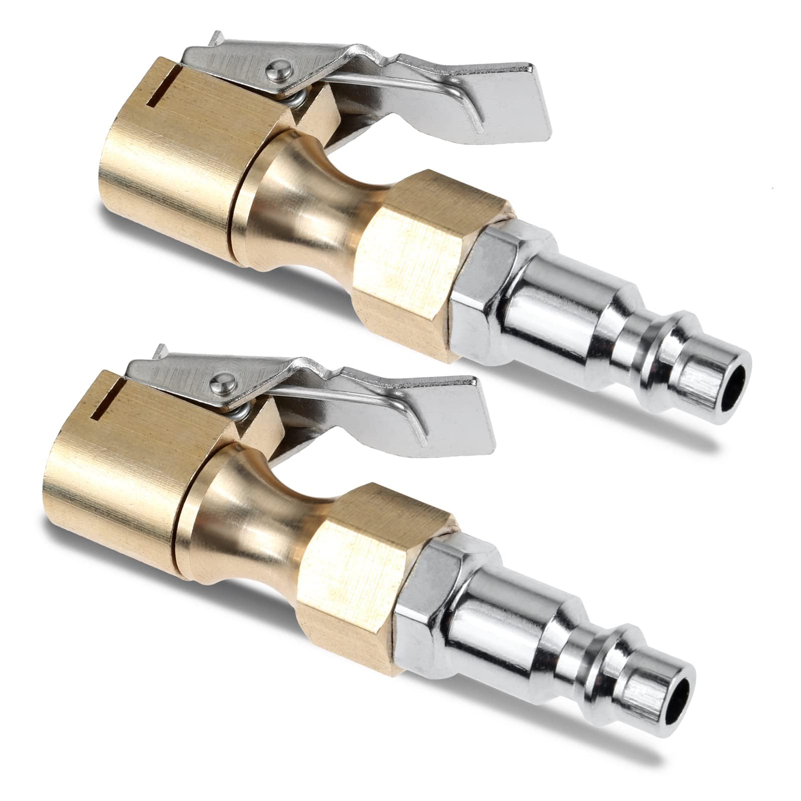 MACHSWON 2 Pcs Closed Flow Brass Air Chucks for Tires Heavy Duty Lock on Tire Inflator Chuck with Clip 1/4" Brass tire inflator Lock on Air Chuck