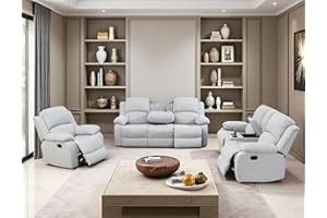 Toseslo Manual Reclining Couch Sofa Set with Drop-Down Table, 3 Pieces Grey White Linen Recliner Couch Sets, Living Room Furniture Sets, Recliner Sofa with Storage Console/Cup Holder for Home