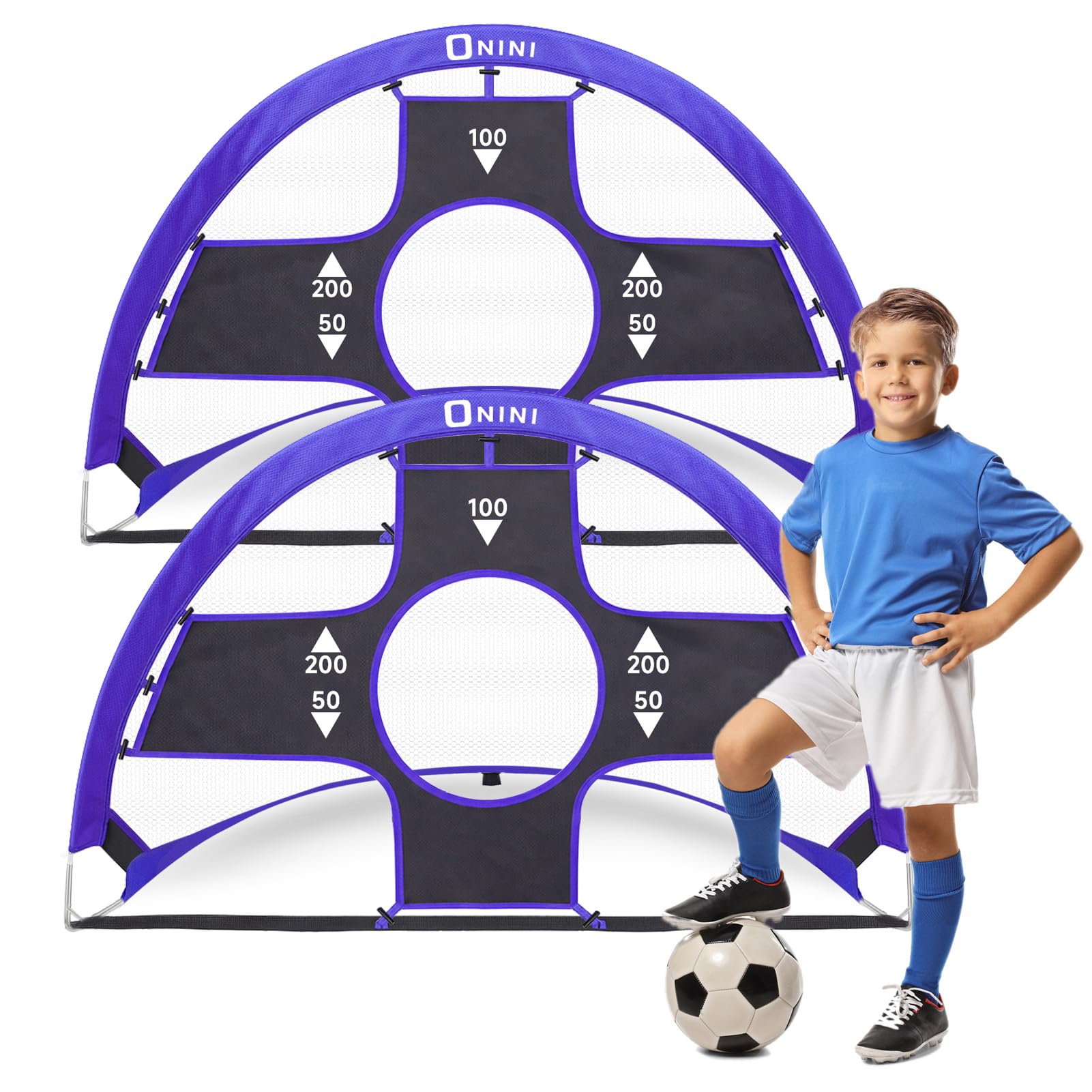 Photo 1 of Onini Upgrade 4 Foot Pop Up Soccer Goals Blue - Portable Foldable Training Football Net with Target and Bag - Ideal for Toddler, Boys, Youth Outdoor Sports Games(2 Pack)