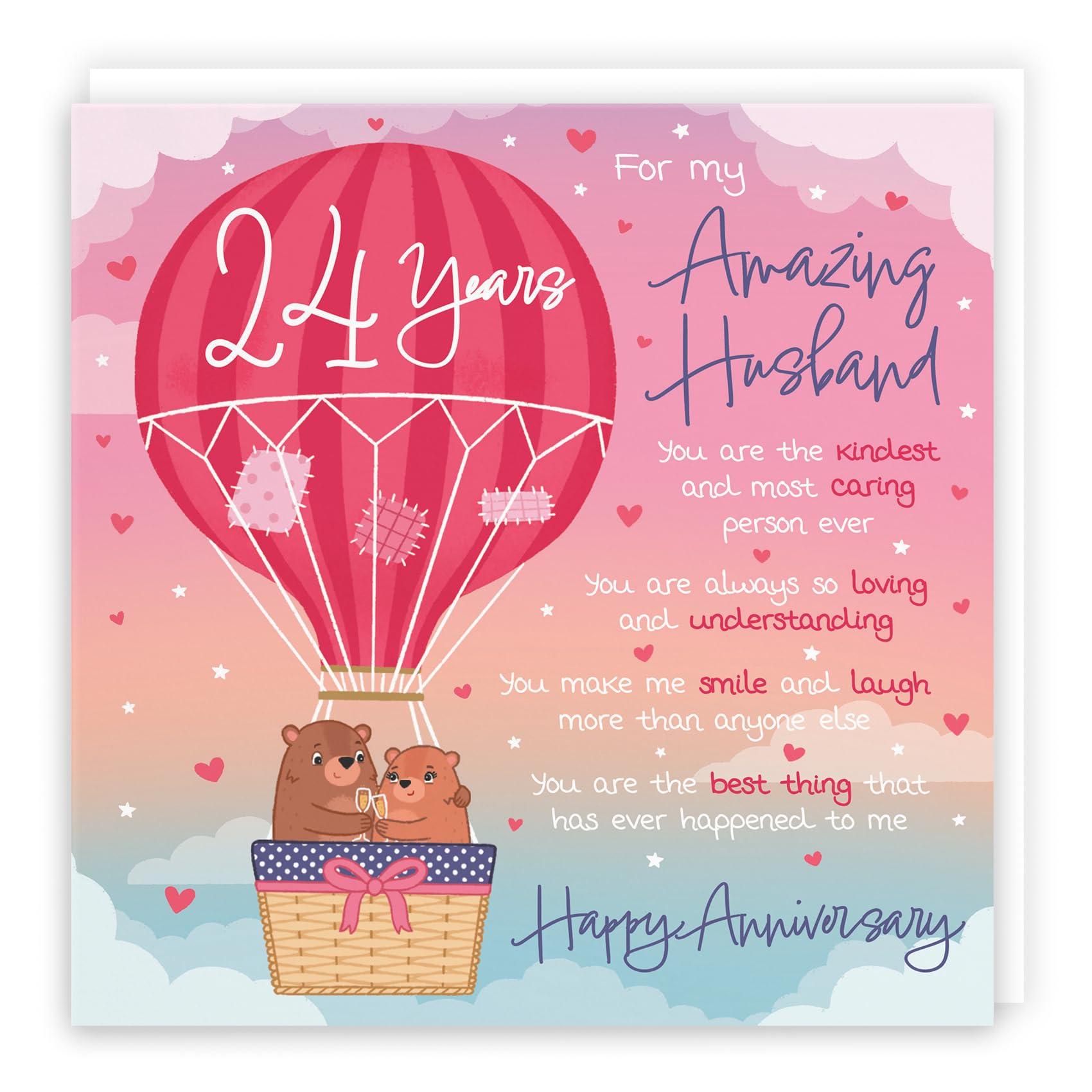 Hunts England - Husband 24th Anniversary Poem Card - Love Is In The Air - Beautiful Love Verse - Cute Bears - Luxury 24th Anniversary Card For Husband - Romantic 24 Years Husband Anniversary Card