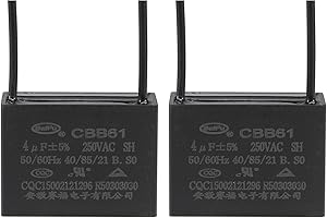 YOKIVE 2 Pack Ceiling Fan Capacitor CBB61, Metallized Polypropylene Film Capacitor Great for Fans Pumps Motors Running (4uF 250V AC 2 Wires 38x28x18mm)