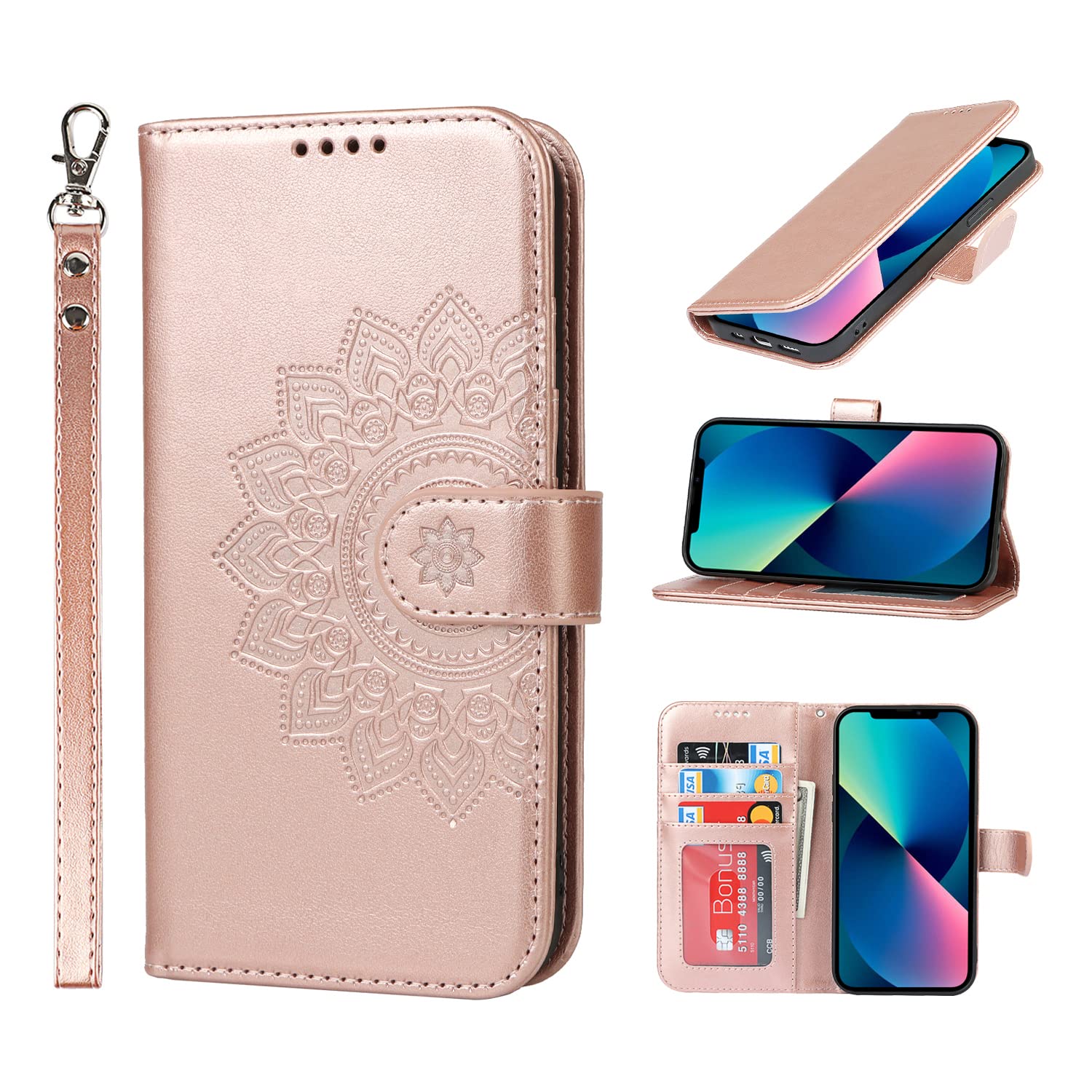 ELTEKER Wallet Case Compatible with iPhone 13 Pro Max, [Card Holder] [Kickstand], PU Leather Flip Cover - Rose Gold — image 1