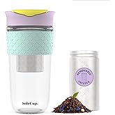 SoleCup. Large Travel Mug Loose Tea Infuser - Detachable Tea Strainer with Spill Proof Lid - 18oz/530ml BPA-Free Reusable Glass Travel Coffee Cup with Silicone Band (Ice Cream, 18oz)