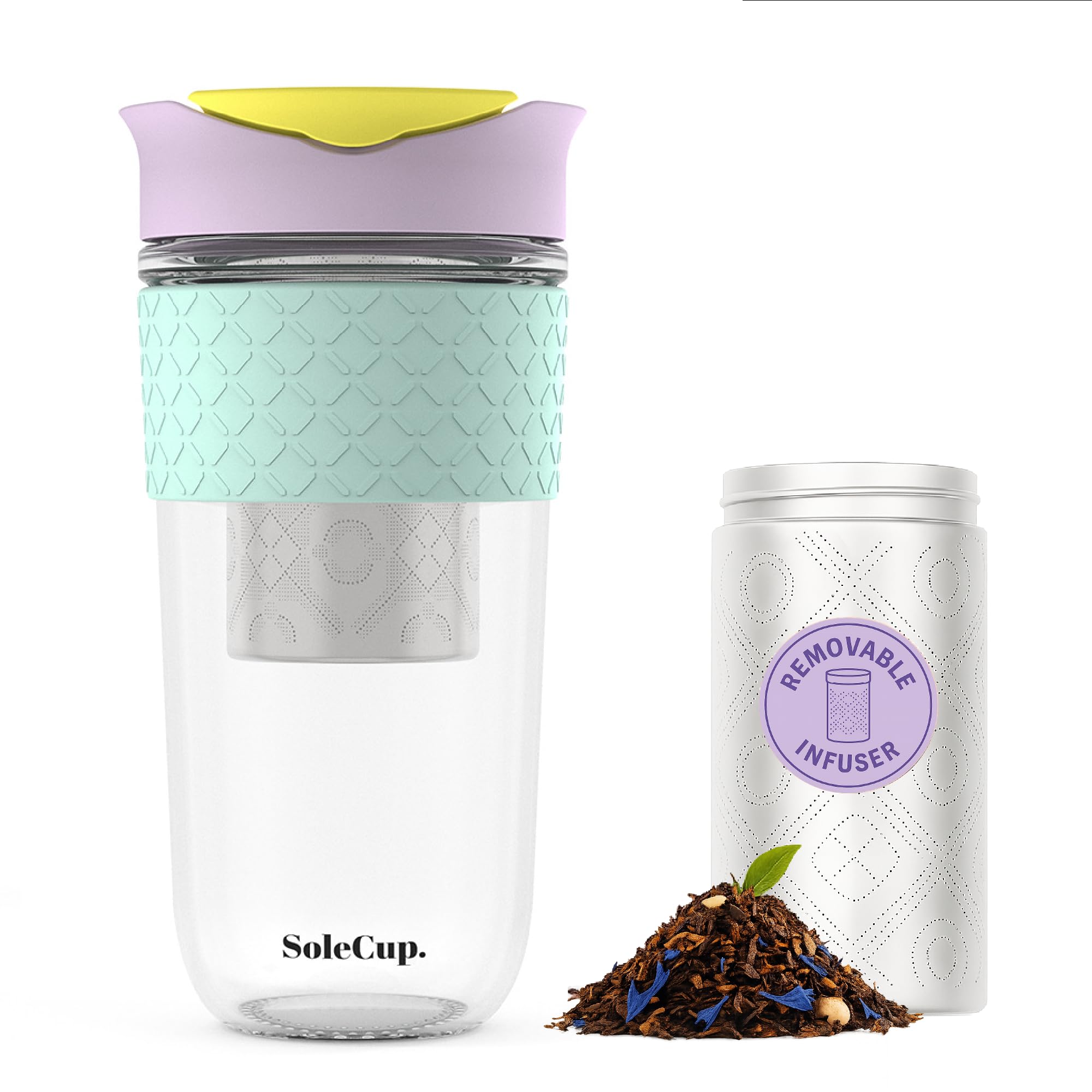 SoleCup. Large Travel Mug Loose Tea Infuser - Detachable Tea Strainer with Spill Proof Lid - 18oz/530ml BPA-Free Reusable Glass Travel Coffee Cup with Silicone Band (Ice Cream, 530ml / 18oz)