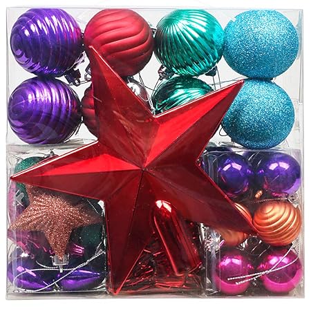 Valery Madelyn 50 TLG Weihnachtskugeln Plastik zur Weihnachtsbaumdekoration mit Mehrfarbige Weihnachtsbaumspitze, Christbaumk
