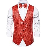 Lars Amadeus Men's Sequin Waistcoat Shiny Sleeveless Party Prom Dress Suit Vest with Bow Tie