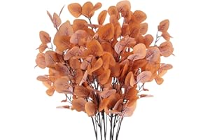AKEROCK Fall Decor Indoor, Eucalyptus Stems, 6 PCS Artificial Silver Dollar Eucalyptus Leaves for Table, Fireplace Mantel, and Room Decor, Thanksgiving Decorations - Fall Decorations for Home (Orange)