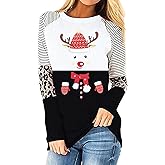 BANGELY Snowman Christmas Shirts Plaid Hat Graphics Long Sleeve Top Leopard Print Sleeve Pullover Raglan Baseball Tees