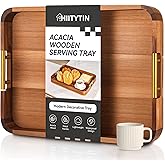 Hiitytin Wood Serving Tray with Metal Handles, Ottoman Tray Large Acacia Wooden Decorative Serving Tray for Coffee Table Living Room, 16.5" x 12.5" x 2.3"