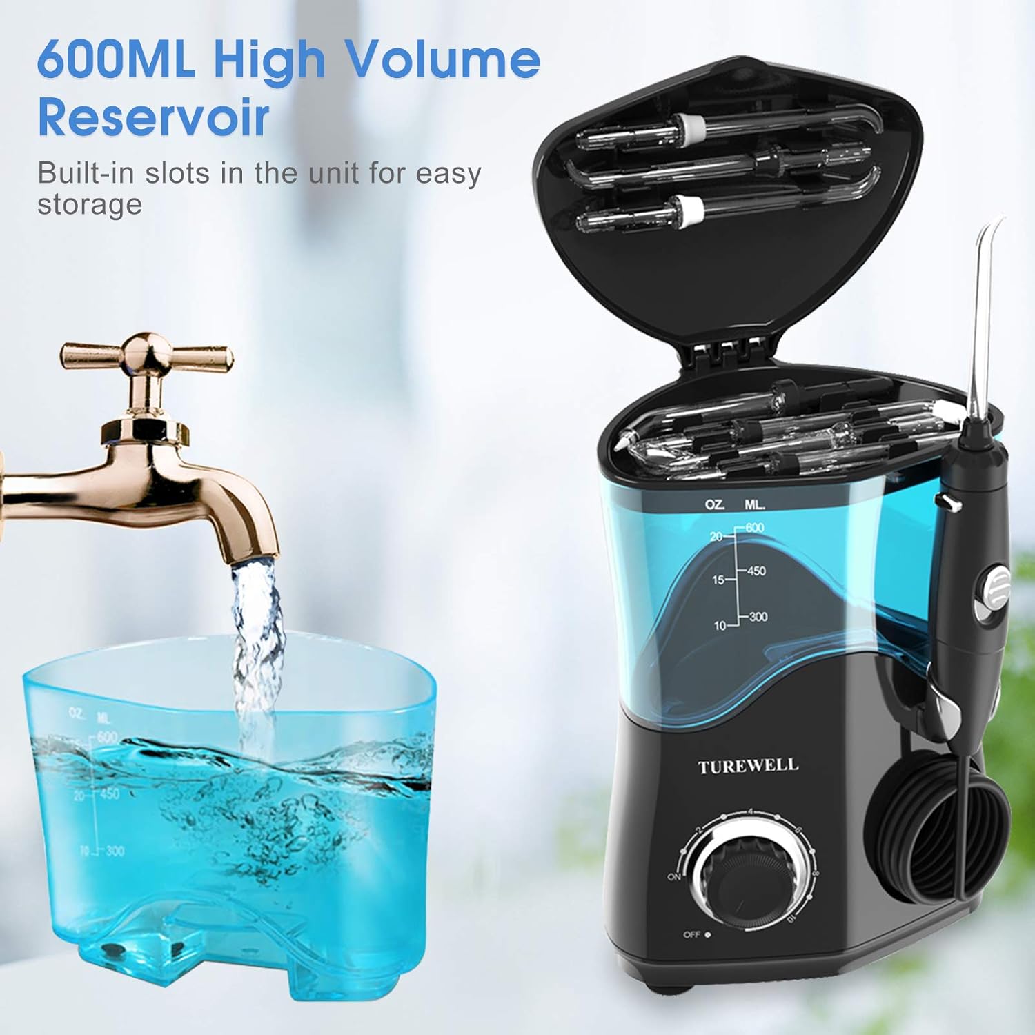 Water Dental Oral Irrigator for Teeth/Braces,10 Pressure Levels Water Flossing Teeth Cleaner 8 Water Jet Tips for Family, 600ML Electric Dental Flosser Pick for Tooth Clean(Black): Health & Personal Care