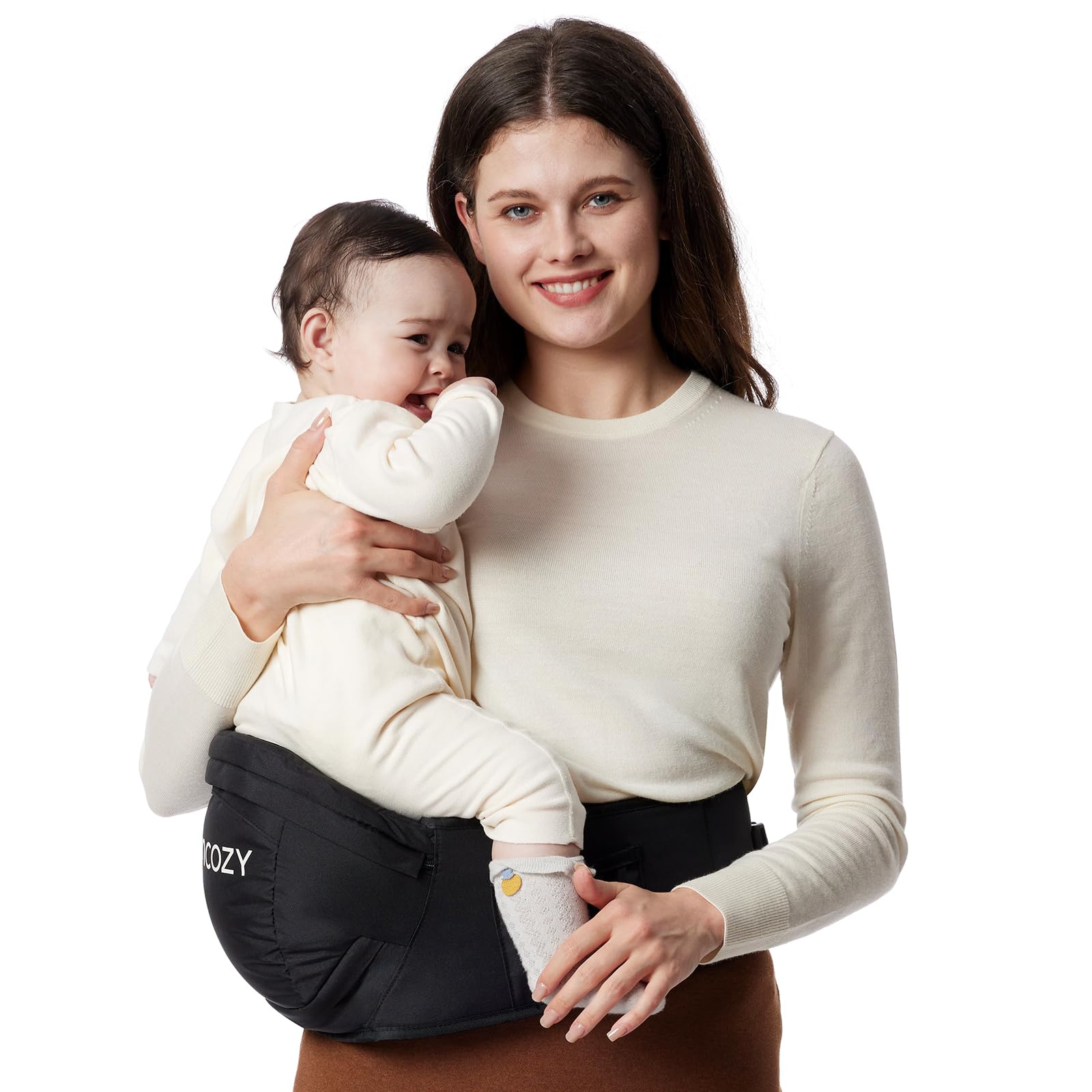 Momcozy CPC-Certified Baby Hip Carrier - Adjustable Waistband with Original 3D Belly Protector, Ergonomic Carrier with Various Pockets for Newborns & Toddlers up to 45lbs (Black, Large)