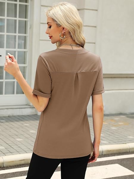 ZANZEA V NECK T SHIRTS FOR WOMEN DRESSY SHORT SLEEVE TUNIC TOPS BUSINESS CASUAL OUTFITS BASIC TOPBROWN MEDIUM