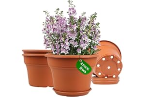POTTIFFE 8 Inch Plastic-Flower Pot-for-Indoor Plants, 4 Pack Large Outdoor Planter Pot with Drainage Holes & Saucers, Resin Decorative Garden Pots Planters