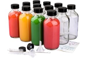 PINIWON 12 Pack 4 oz Clear Glass Bottles, 120ml Boston Round Sample Bottles with Black Poly Cone Caps, Labels, Funnels and Br