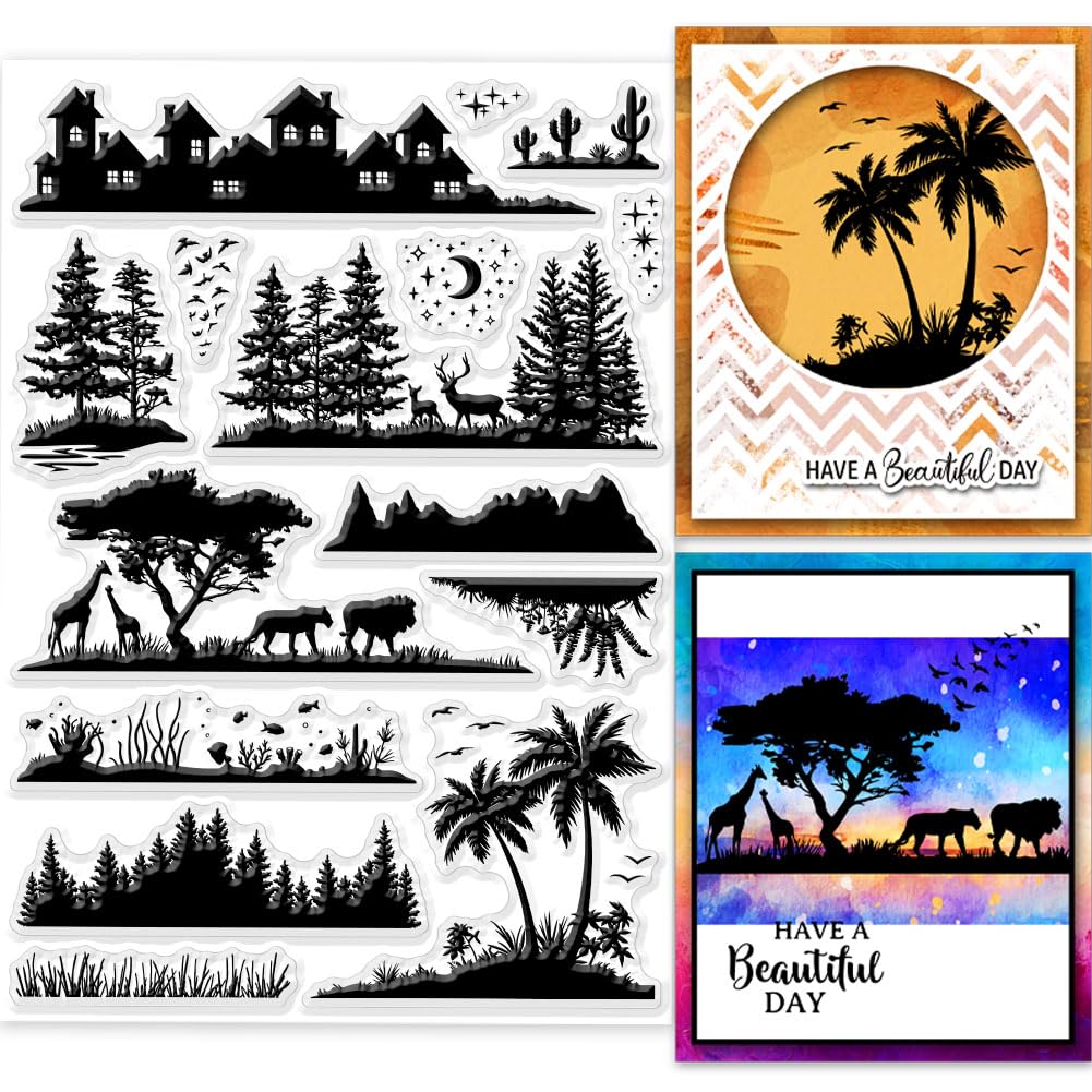 GLOBLELAND Landscape Silhouette Clear Stamps for Cards Making 8.3×5.8inch Scenery Plants Forest Transparent Stamp Seals for DIY Scrapbooking Photo Album Journal Home Decoration