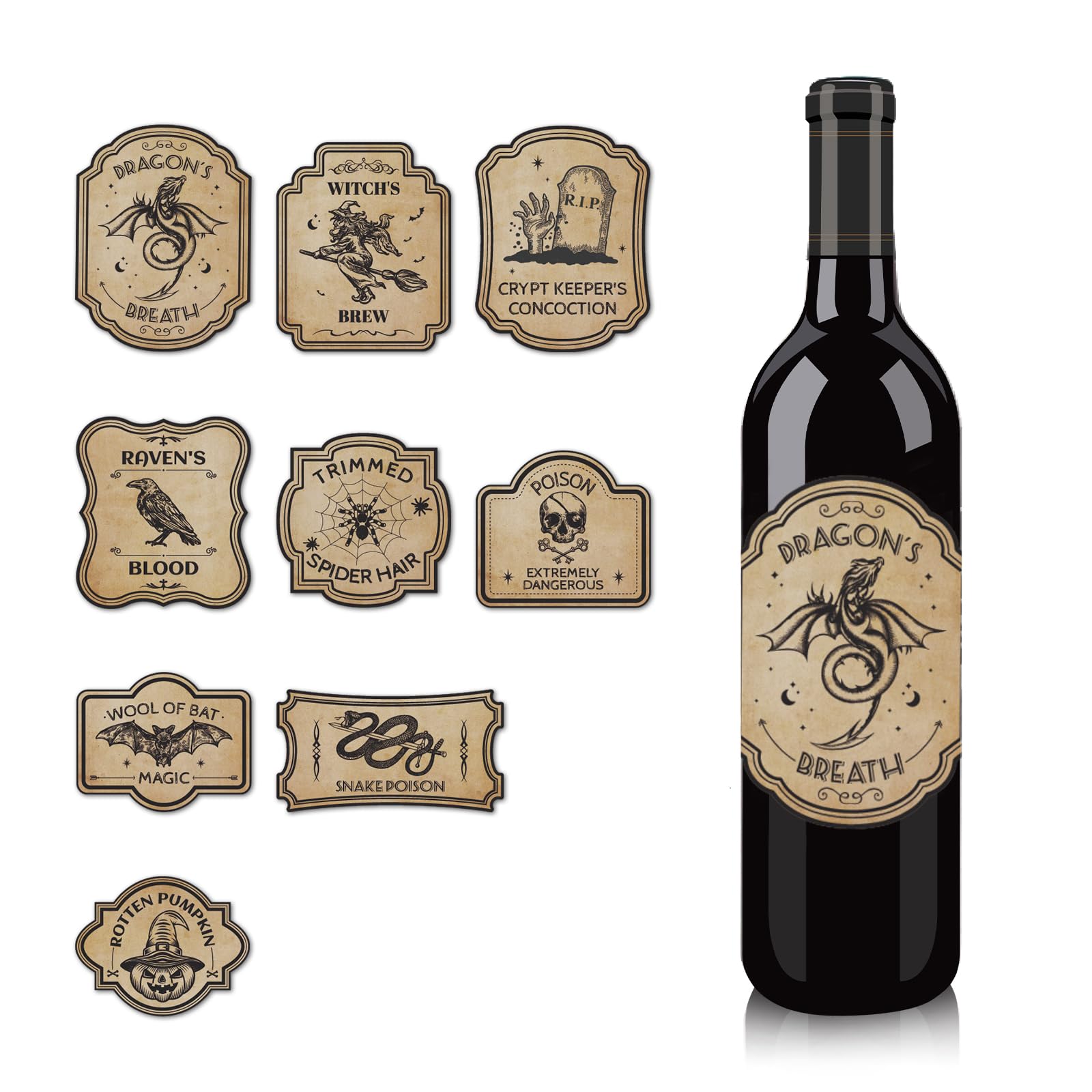 36pcs Halloween Wine Bottle Labels, 9 Styles Wine Bottle Stickers Waterproof Halloween Bottle Labels Vintage Labels Stickers for Wine Bottle Soda Cans Beer Bottles Laptop