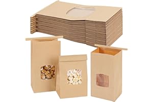 Moretoes 100pcs Small Bakery Cookie Bags with Window, Brown Kraft Paper Bags for Homemade Bread Cookie, 3.5x2.2x6.7in Tin Tie Tab