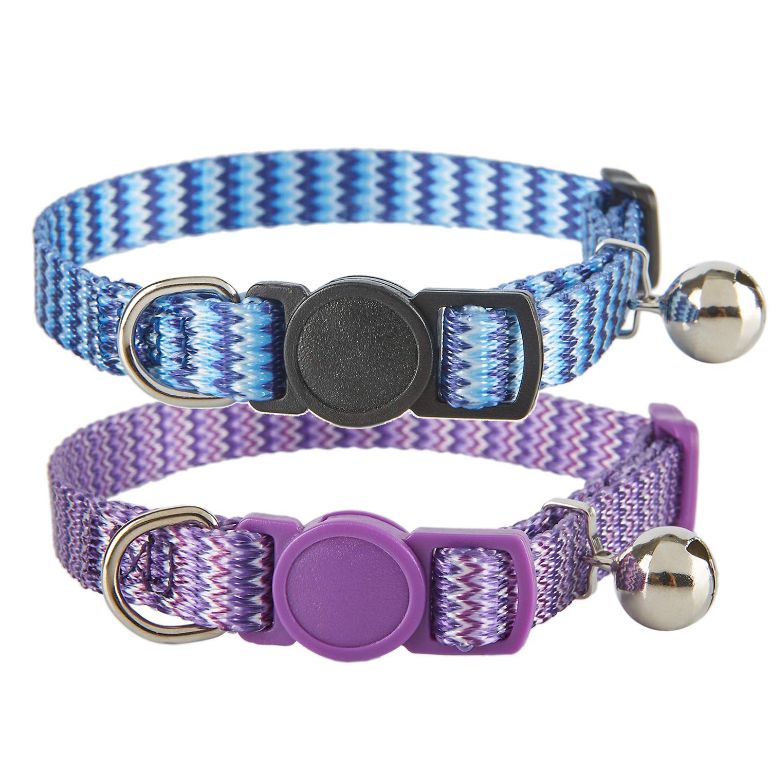 YUDOTE Cat Collars Pack of 2, Printed Unique Pattern Basic Strong Cat Collar Quick Release with Removeable Bell, Blue Purple