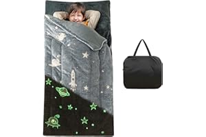 VINILITE Kids Sleeping Bags Glow in The Dark, Thicken Soft Warm Furry Flannel Luminous Slumber Bag with Pillow Pocket, Slumber Sack Napmat for Boys Girls Gift Sleepover Daycare Preschool