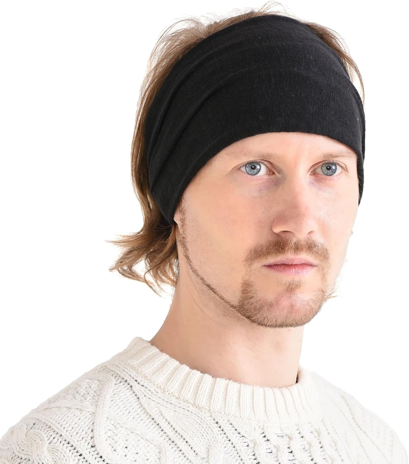 CHARM Summer Linen Bandana Headband - Women Hairband Wide Elastic Head Wrap Men Band Black