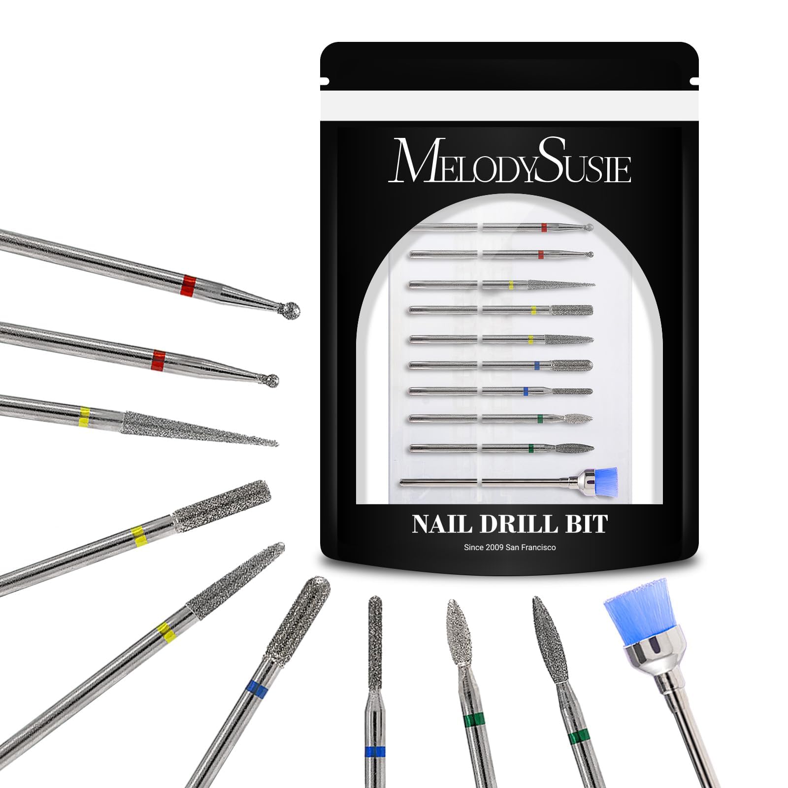MELODYSUSIE Nail Drill Bits Set Diamond Metal Professional 3/32 Inches, for Acrylic Nails and Electric Nail Files Drill Machine Manicure Pedicure Home Salon Use, 10pcs (Sliver)