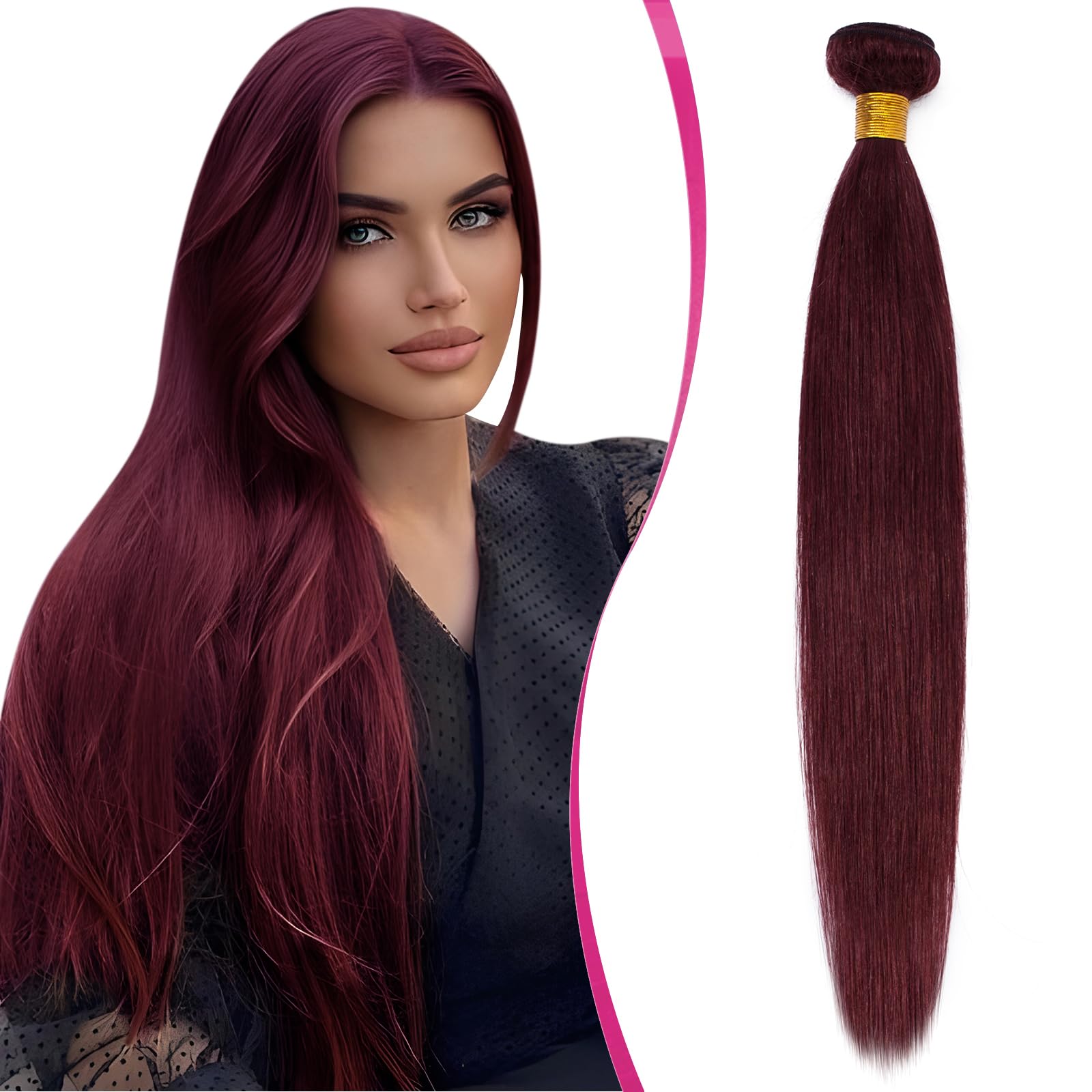 Elailite Human Hair Weave Bundles Hair Weft Extensions Real Human Hair Straight 1 Bundle 100g - #99J Red Wine - 22 Inch — image 1