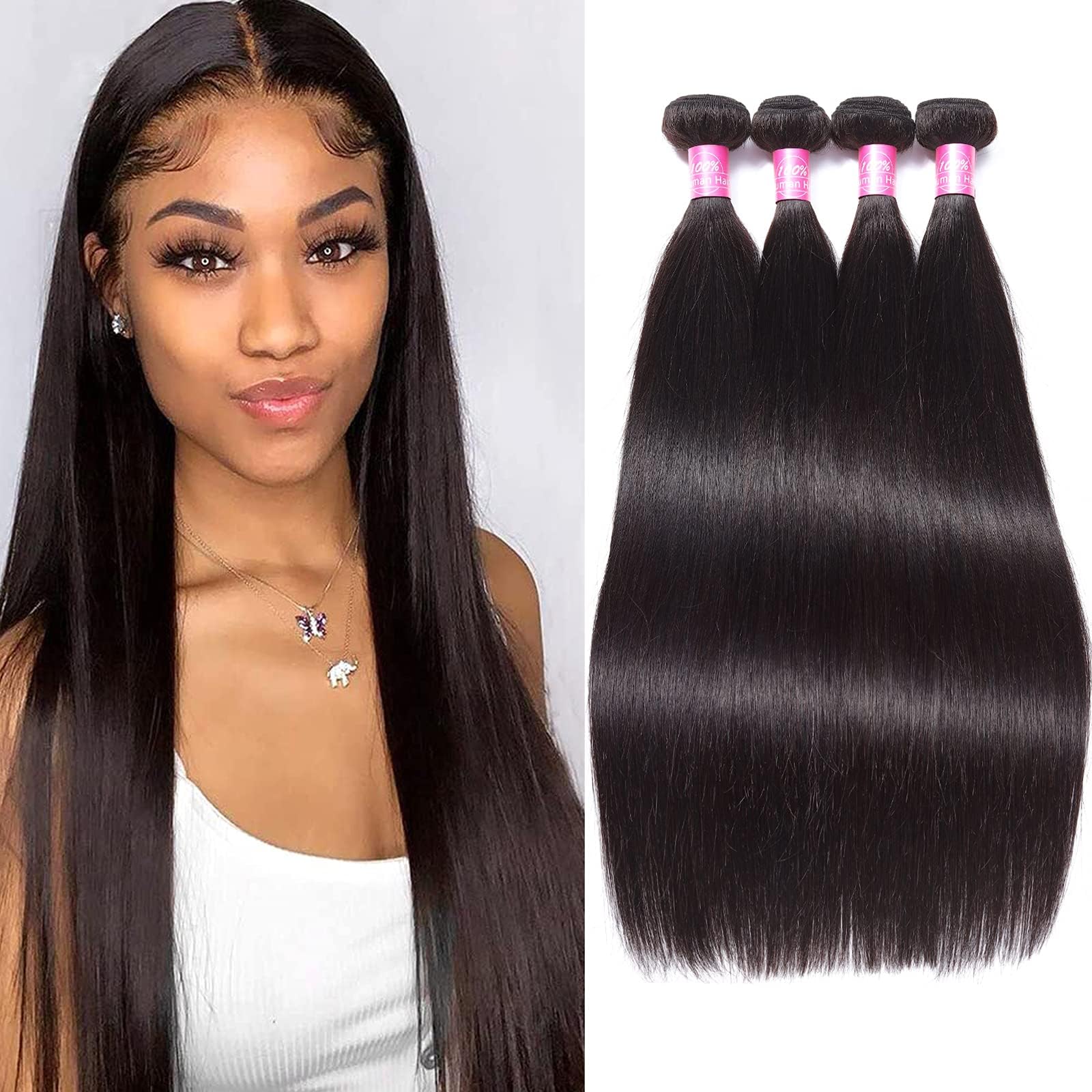 Mink 8A Brazilian Virgin Hair Straight Remy Human Hair 4 Bundles Deals (14 16 18 20 Inches) Unprocessed Brazilian Straight Hair Extensions Natural Color Weave Bundles by Grace Length Hair
