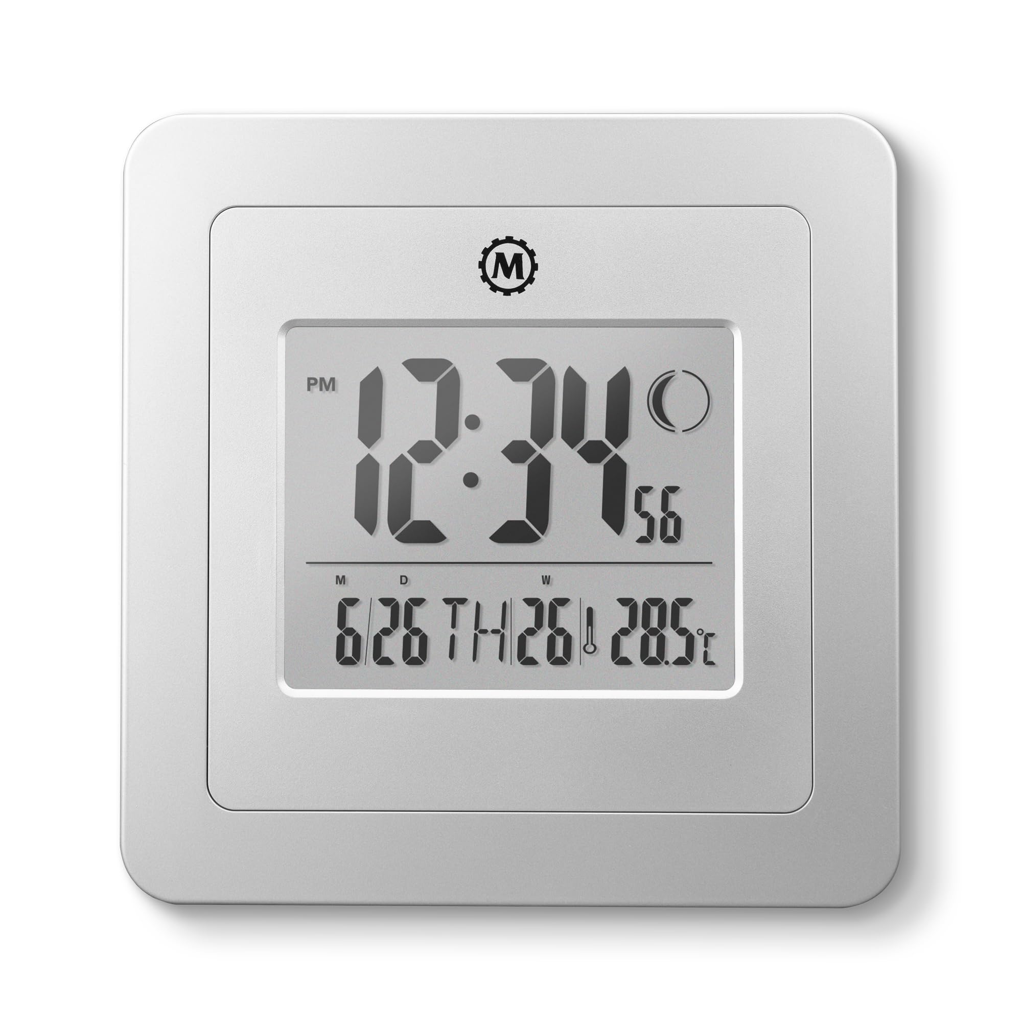 MARATHON Moon Phase Wall Clock | Digital Wall Clock with Temperature Display | Large Display Clock with Built-in Table Stand | Triple Alarm Clock