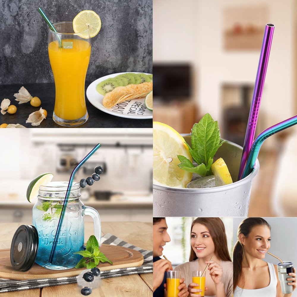 Stainless Steel Drinking Straws CEEBON Reusable Washable Rainbow Straws for 20 30oz Tumblers Ramblers RTIC Yeti Ozark Trail Tumblers Cold Beverage(4 Straight + 4 Bent + 3 Brushes)